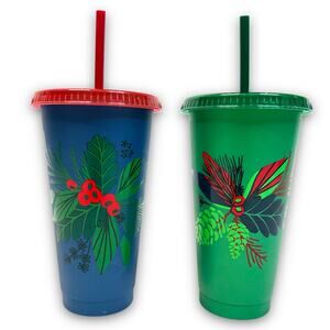 Set of Starbucks 24 Oz Reusable Cold Drink Cups Straws Christmas Holiday 2020